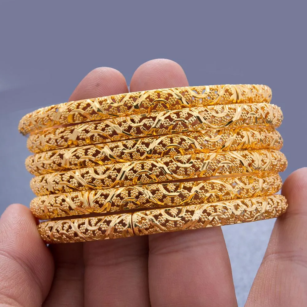 24k 6Pcs Gold Color Dubai India Bangles For Women African Bridal Bangles Bracelets