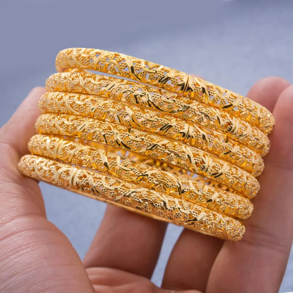 24k 6Pcs Gold Color Dubai India Bangles For Women African Bridal Bangles Bracelets