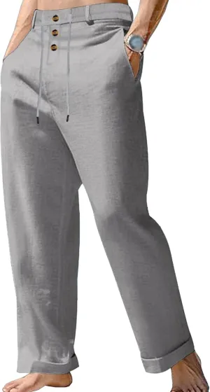 Men's Baggy High Waist Drawstring Pants Casual Button Cotton Linen Trousers Solid Breathable Beach Sweatpants
