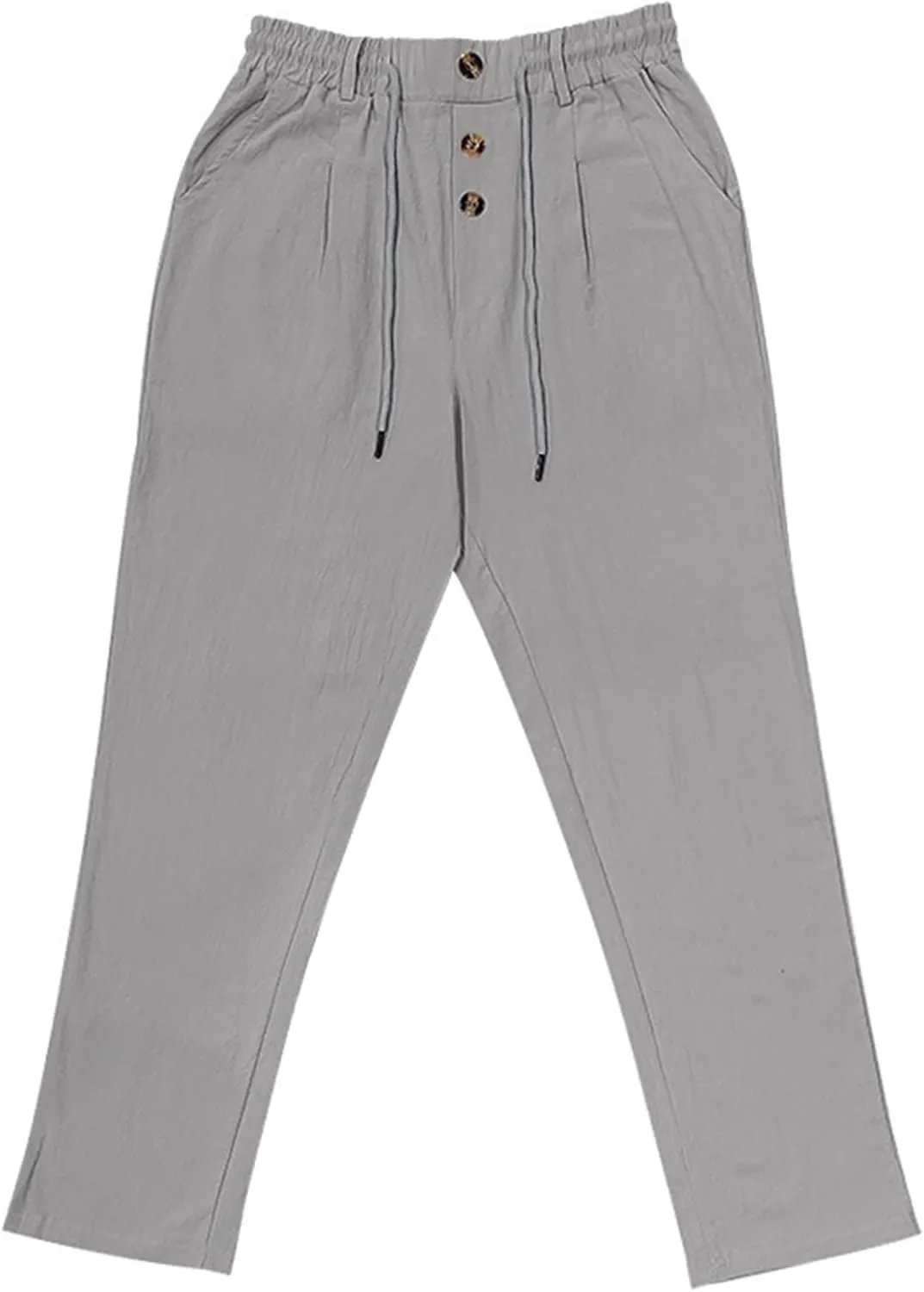 Men's Baggy High Waist Drawstring Pants Casual Button Cotton Linen Trousers Solid Breathable Beach Sweatpants