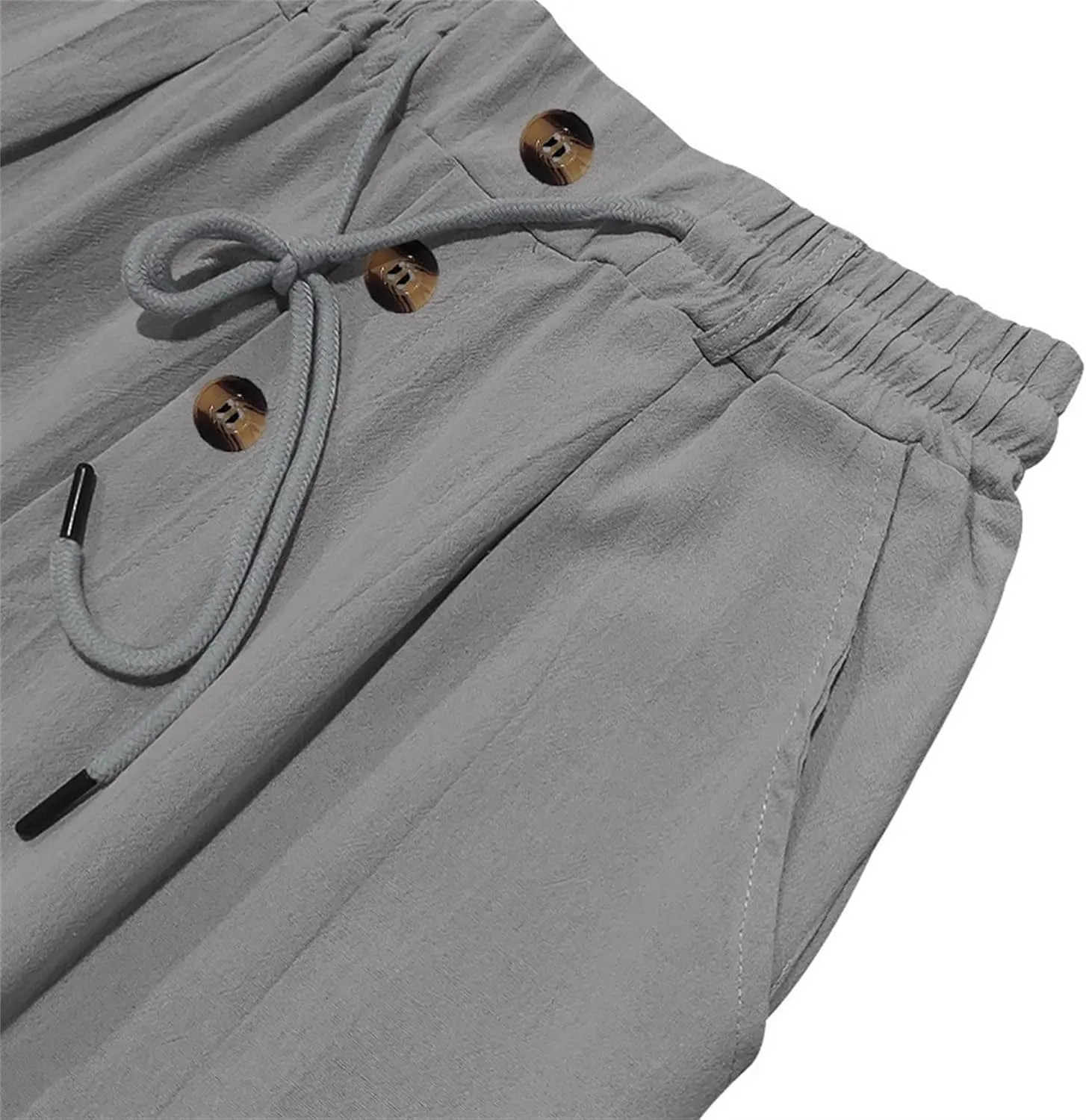 Men's Baggy High Waist Drawstring Pants Casual Button Cotton Linen Trousers Solid Breathable Beach Sweatpants