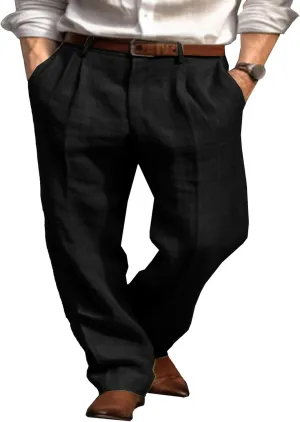 Men's Cotton Linen Baggy Beach Pants Breathable Casual Vacation Trousers Solid Straight Leg Summer Sweatpants