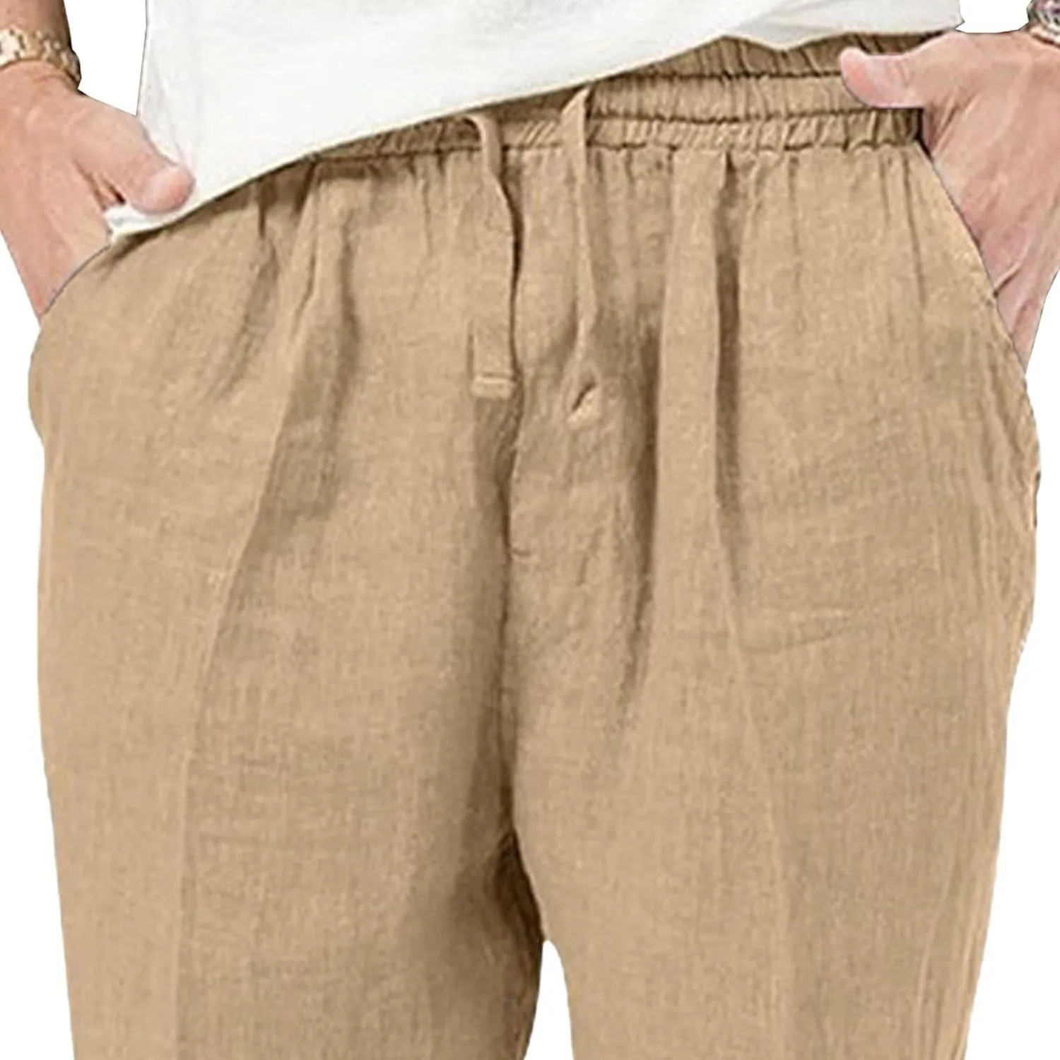 Men's Drawstring Breathable Beach Summer Pants Casual Solid Cotton Linen Trousers Straight Leg Basic Sweatpants