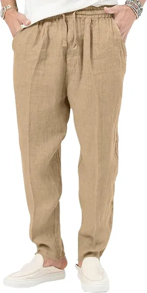 Men's Drawstring Breathable Beach Summer Pants Casual Solid Cotton Linen Trousers Straight Leg Basic Sweatpants