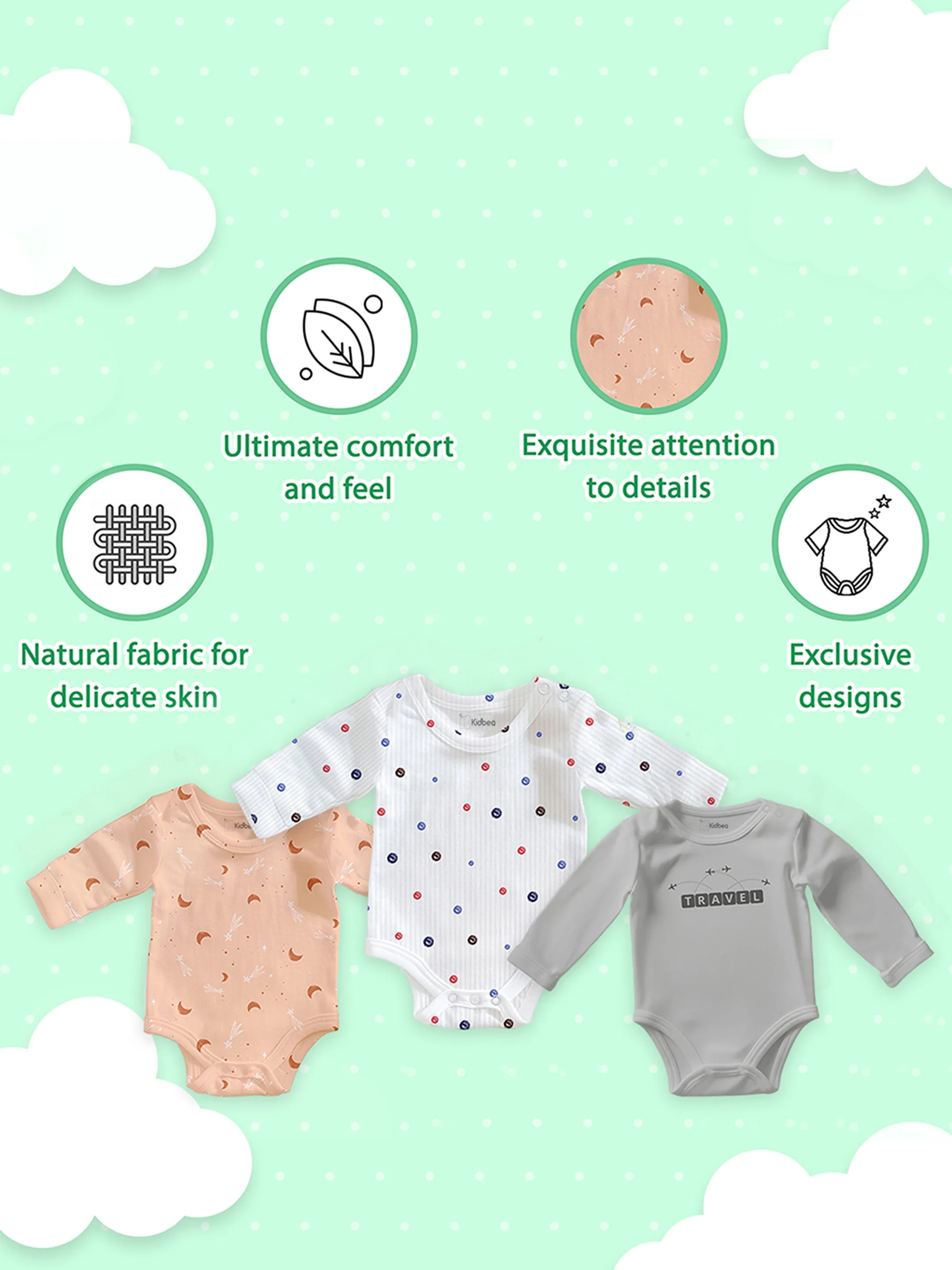 Premium Unisex 100% Bamboo Ultra-Soft fabric Pack of 3 Onesies with Beautiful Prints  - Grey, Orange & Off White