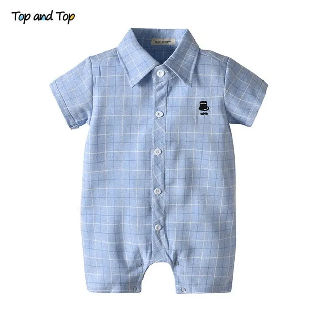 Top and Top Summer Short Sleeve Baby Rompers Gentleman Plaid Jumpsuit For Toddler Infant Casual Baby Boy Clothes 0-24 Months