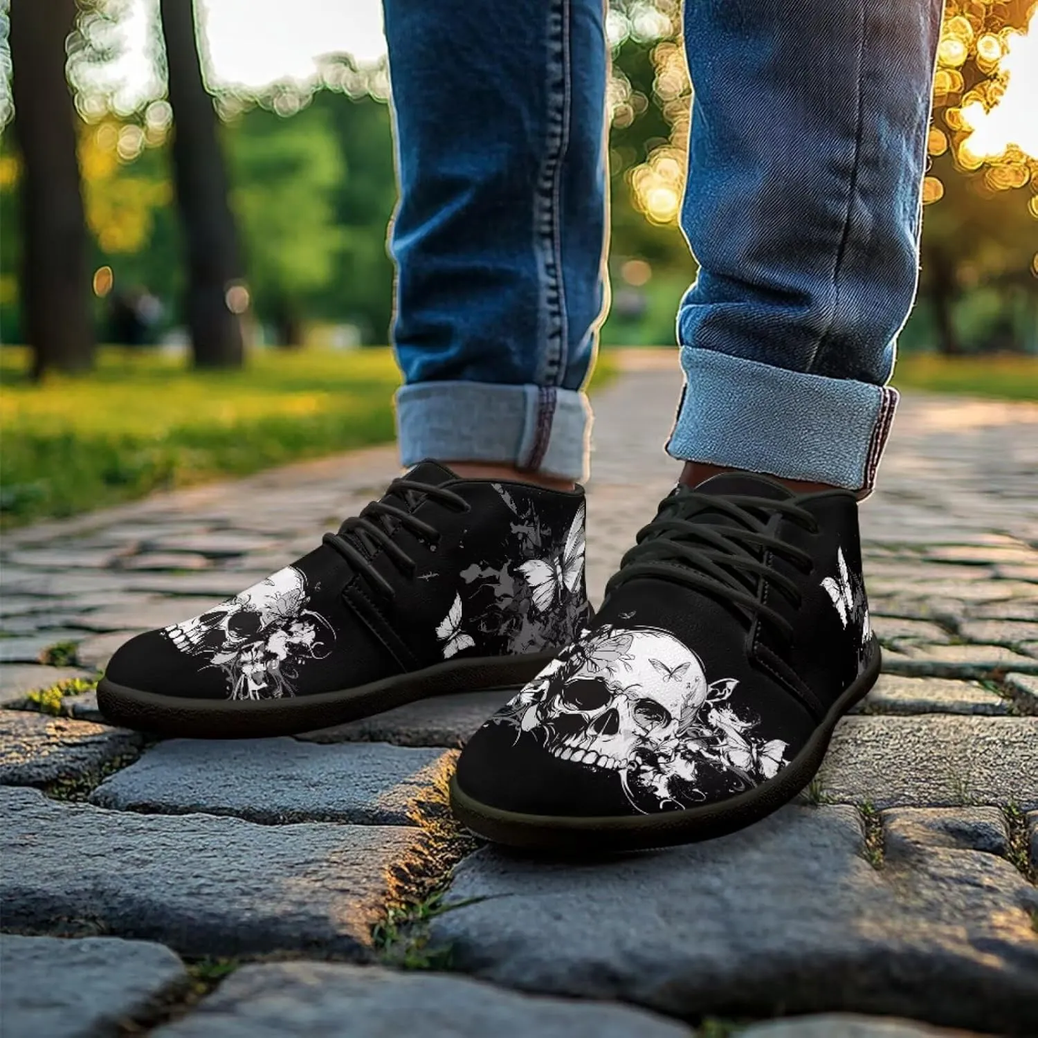 Wide Toe Skull Print Barefoot Shoes for Men - Cross Training Running Shoes with Rubber Sole
