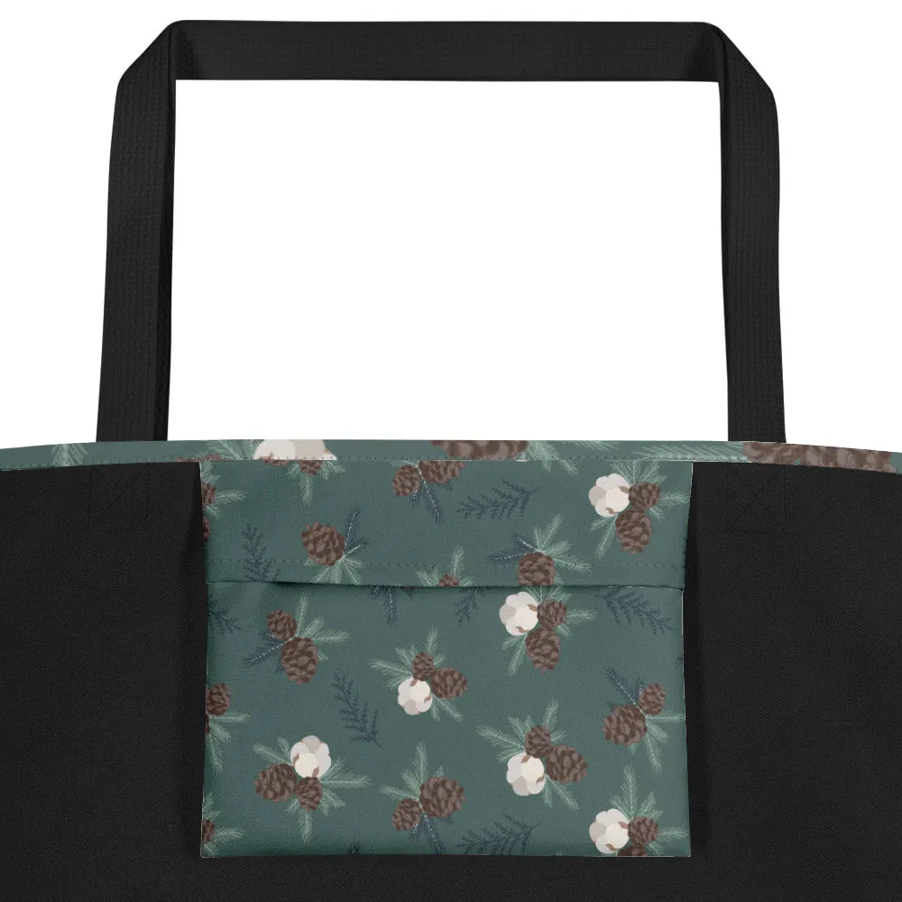 Winter Pinecone Plaid Large Tote Bag