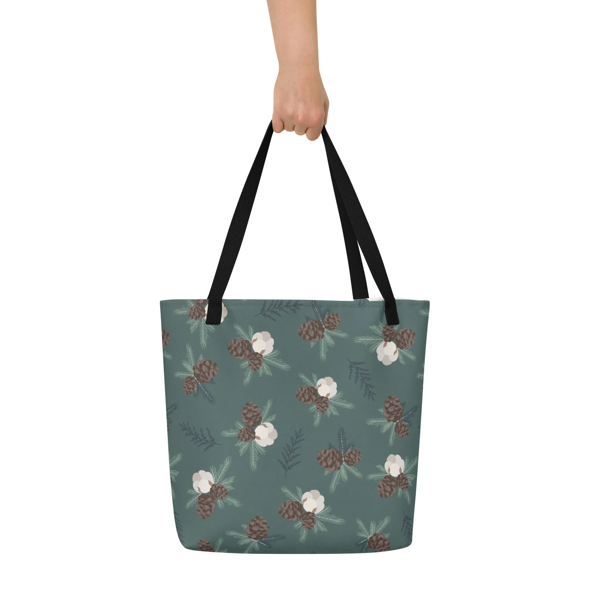 Winter Pinecone Plaid Large Tote Bag