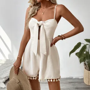 Womens Romper  Waffle Knit  Slim Fit  Tie Front  Fringe Hem  Adjustable Straps