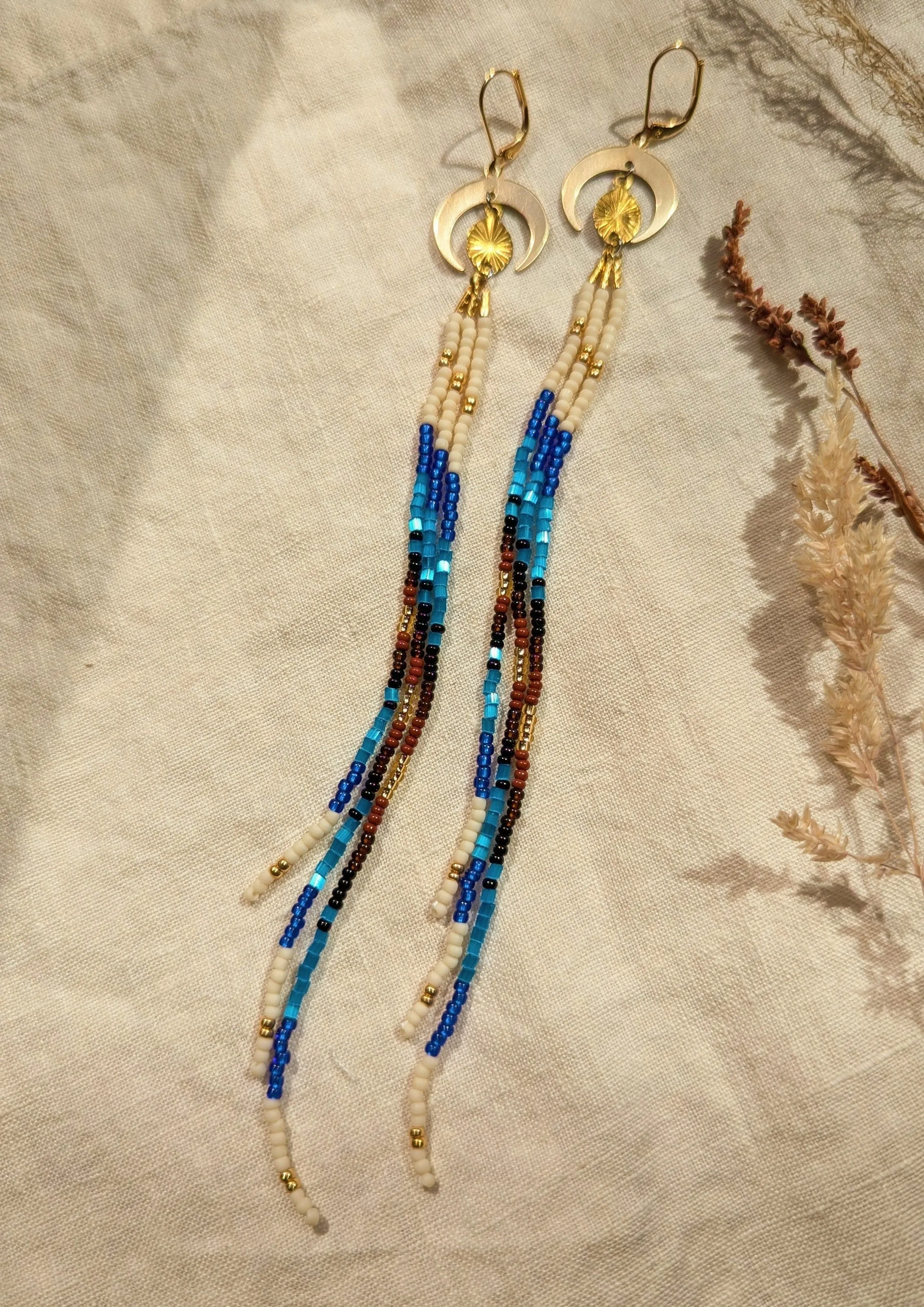 Xiye Blue Beaded  Fringe Earrings